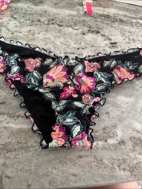 Floral Ruffle Bikini Bottoms - Black with Pink & Teal Flowers